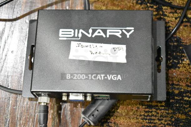 Binary B-200-1CAT-VGA transmitter, sleek design, good condition, part of auction featuring 3 transmitters, 1 Netgear switch.