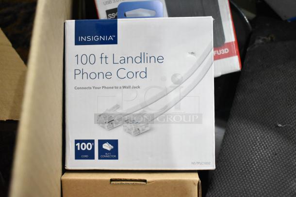 Insignia 100 ft landline phone cord with RJ11 connectors, in original packaging, model NS-TPLC1002.