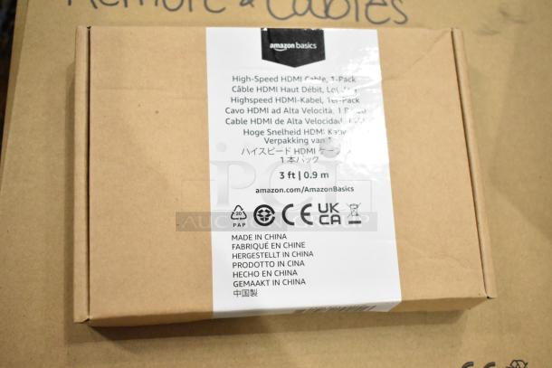 Box of AmazonBasics High-Speed HDMI Cable, 3 ft. Includes multilingual labels with product specifications and manufacturer information.