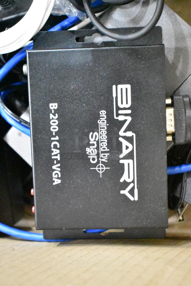 Binary B-200-1CAT-VGA Transmitter with Snap AV branding, part of a mixed tech auction lot.