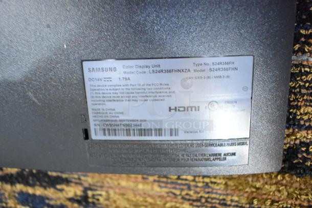 Close-up of Samsung S24R356FHN monitor label, showing model information and HDMI support.