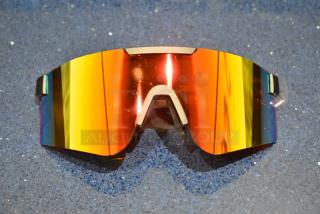 Brand new golden framed sunglasses with vibrant orange lenses, no visible tags or markings, perfect condition.