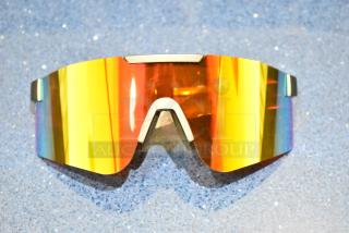 Golden framed sunglasses with orange mirrored lens, brand new. Stylish and modern design with protective UV features.