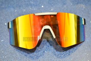 Brand new golden framed sunglasses with orange lens, featuring a sleek modern design, outstanding condition.