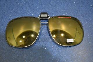 Brand new Moonshades brown framed sunglass attachment with brown lenses, labeled "Taiwan."