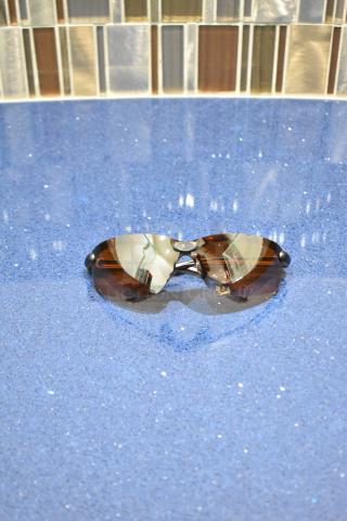 Brand new brown framed sunglasses with BluBlocker brown lenses, reflective finish, on a blue surface.
