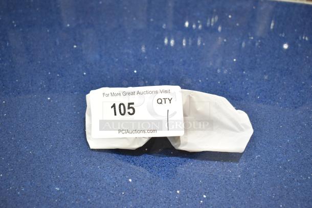 Brand new white framed sunglasses with BluBlocker brown lens, wrapped in packaging. Auction tag reads "105 QTY 1."