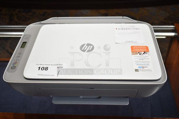 HP DeskJet 2755e printer, scanner, copier; countertop model; excellent condition; features visible: control panel, labels for Instant Ink subscription.