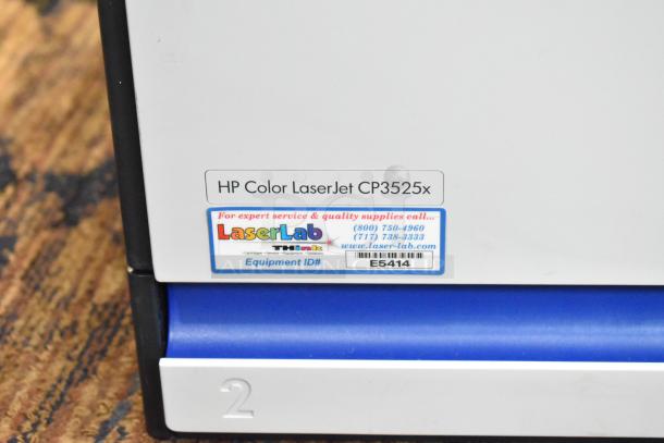 HP Color LaserJet CP3525x printer with LaserLab service label, equipment ID# E5414. Condition: Good.