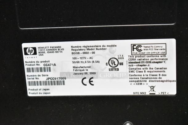 HP Color LaserJet CP3525x printer label with product info, serial number JPCC917009, regulatory compliance details.