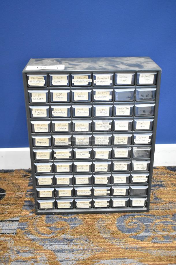 Countertop 60 Drawer Unit, labeled compartments. Good condition, ideal for organizing small items.