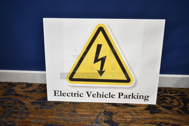 Electric Vehicle Parking Sign featuring a yellow warning triangle with a black lightning bolt.