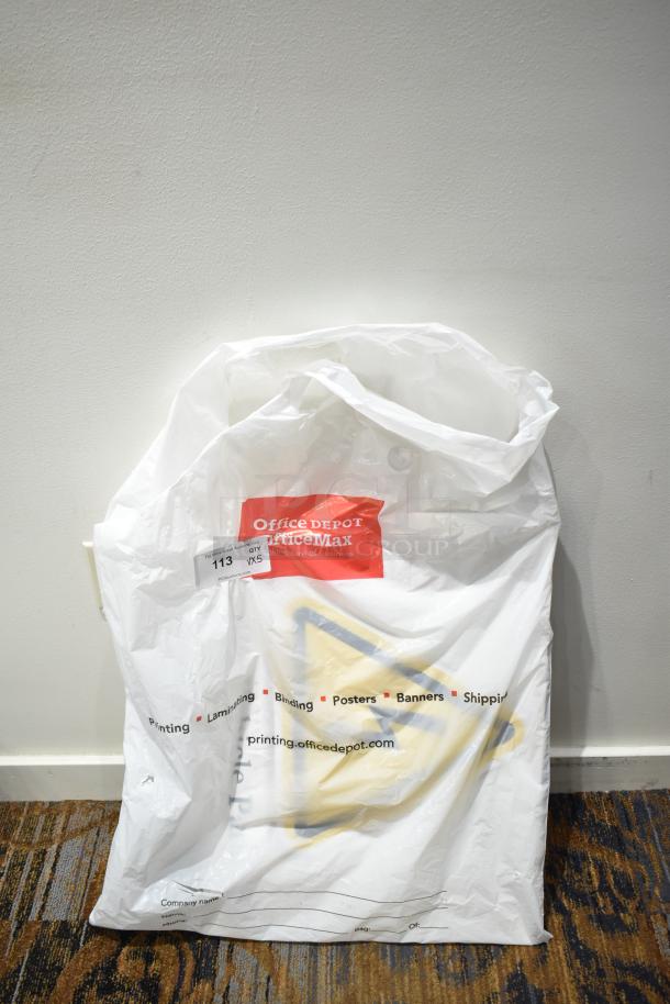 Plastic bag containing 5 vehicle parking signs: electric, American, Japanese, German, Italian. Office Depot label attached.