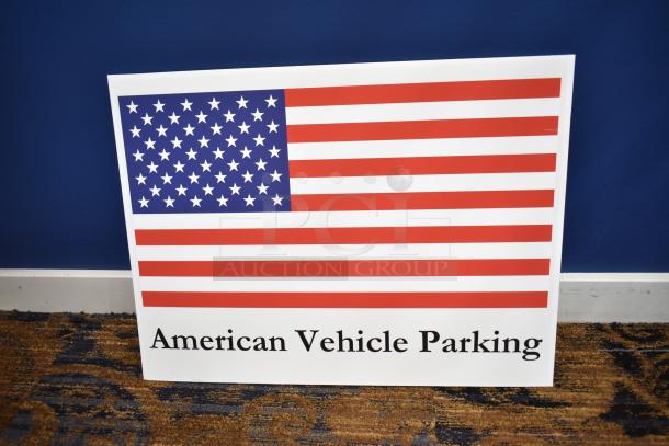 American Vehicle Parking sign with U.S. flag, white background, and bold black text. Part of a five-sign set for sale.