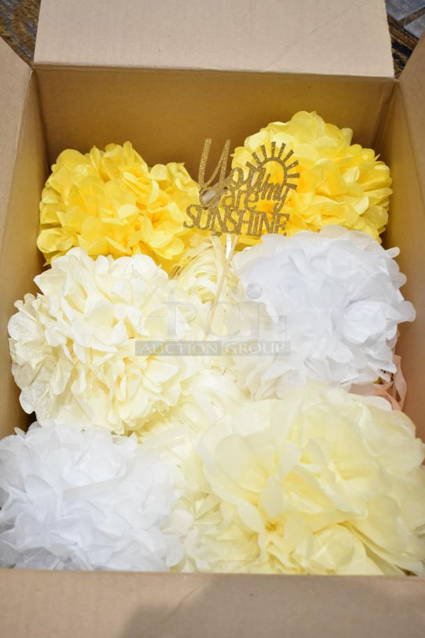 Box of yellow and white paper poofs with glittery "You Are My Sunshine" topper, part of a 10-item auction set.