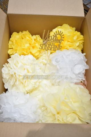 Box of yellow and white paper poofs with glittery "You Are My Sunshine" topper, part of a 10-item auction set.