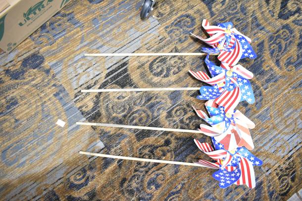 Ten pinwheels with American flag design, attached to wooden sticks, placed on patterned carpet. Vibrant, good condition.