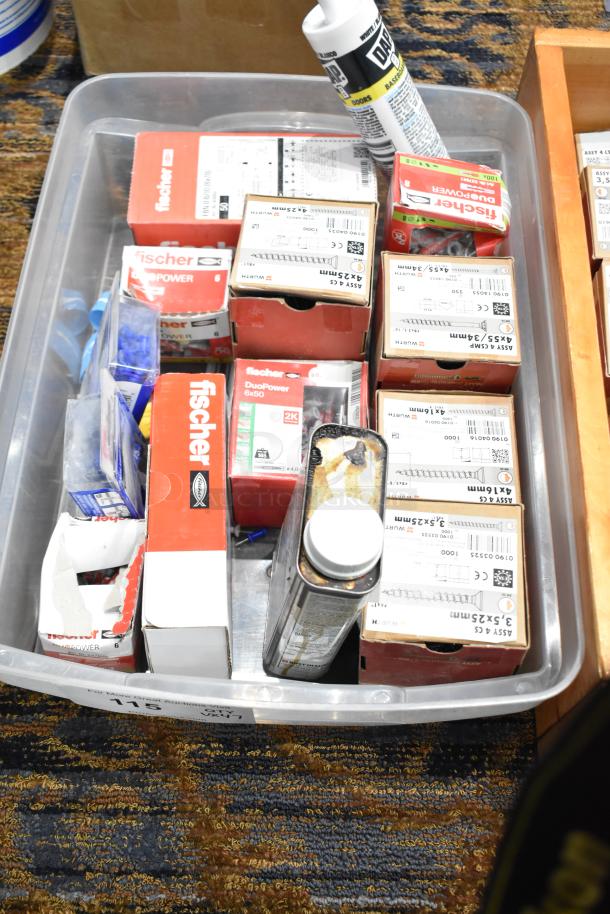 Plastic bin containing 47 items including Wurth screws and Fischer DuoPower plugs, various sizes, in sealed boxes.
