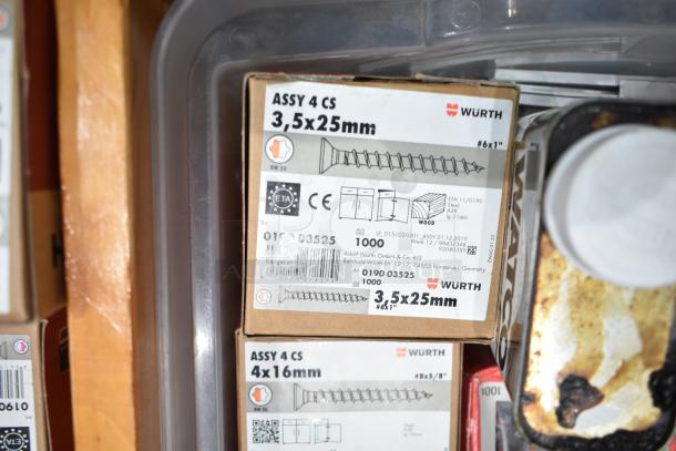 Boxes of Wurth screws, sizes 3.5x25mm and 4x16mm, shown with labels detailing specifications and manufacturer.