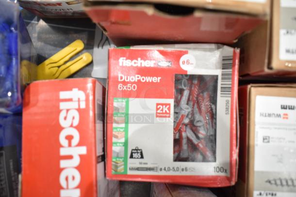 Box of Fischer DuoPower 6x50 wall plugs, 100-pack, visible with Wurth screws in packaging, auction lot of 47 items.