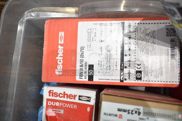 Box of 47 items including Wurth screws and Fischer anchors, model FBN II 8/10 (8x70), in original packaging.