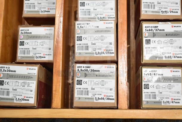 Boxes of Wurth screws in various sizes like 3x30mm, 5x60mm, and 5x90mm. New condition, labeled with technical details.