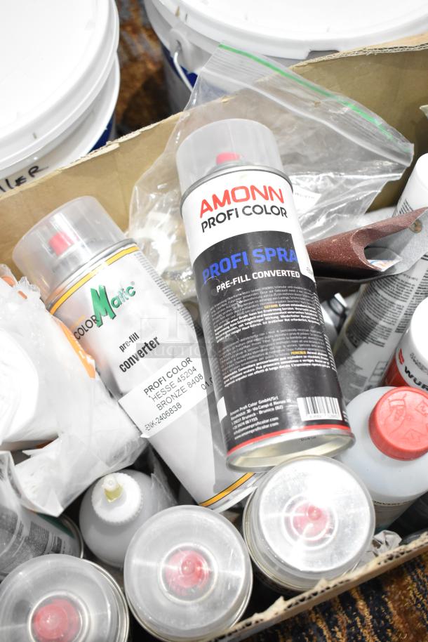 Box of 30 various items including Amonn Profi Spray cans, ColorMatic converter, and accessories.