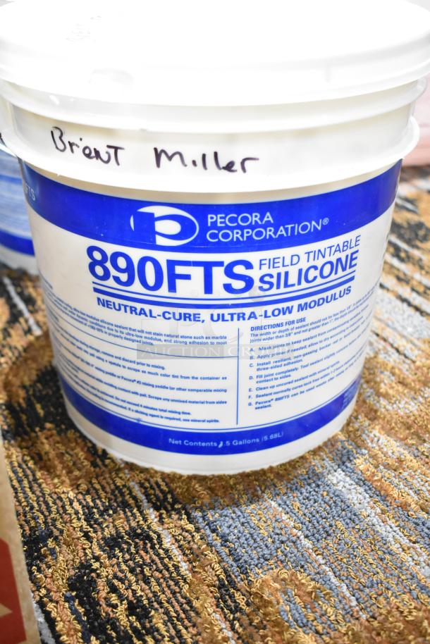 Container of Pecora 890FTS silicone, field tintable, neutral-cure, ultra-low modulus, 5.5 gallons, marked "Brent Miller."