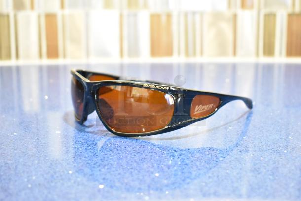 Brand new Viper sunglasses with black frame and BluBlocker brown lenses, featuring side logos.