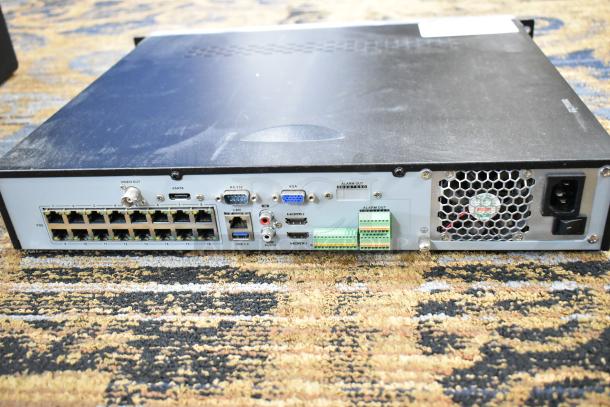 Hikvision DS-7716NXI-I4/16P/4S NVR, 16 Ethernet ports, HDMI, VGA, no hard drive, rack-mounted, fan, power input.