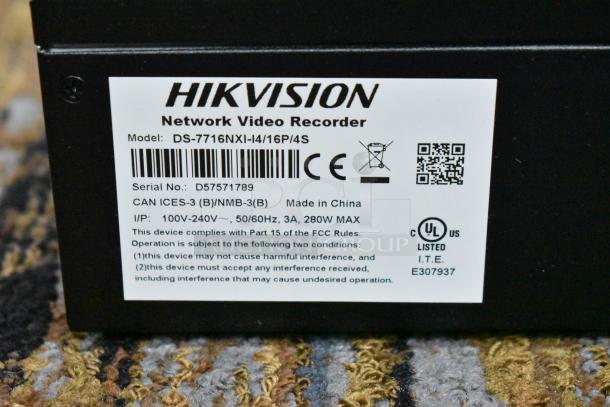 Hikvision DS-7716NXI-I4/16P/4S network video recorder label, shows model, serial number D57571789, no hard drive included.