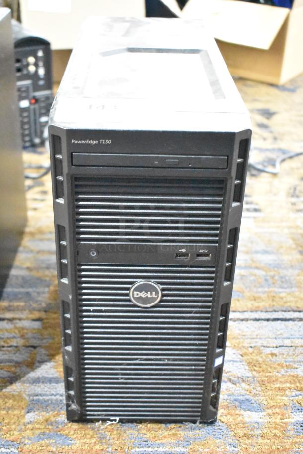 Dell PowerEdge T130 Computer Tower, no hard drive, visible logo, front USB ports, minor cosmetic wear.