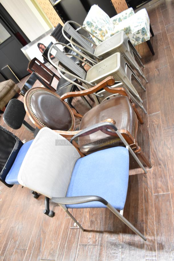 Set of 13 various chairs including gray Tolix-style, floral armchair, office chair, wooden armchair; mixed condition.