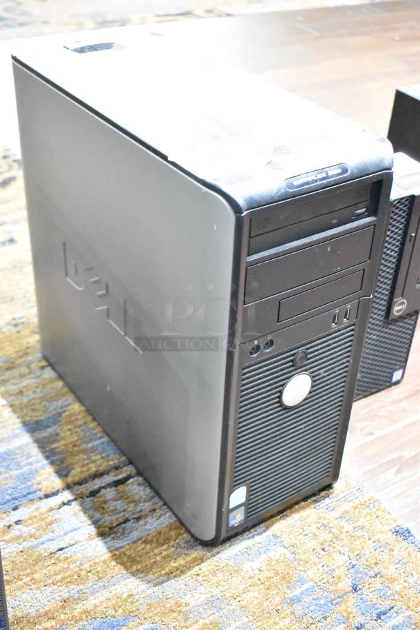 Dell Optiplex 360 computer tower without hard drive. Black casing, front USB ports, CD/DVD drive; good condition.