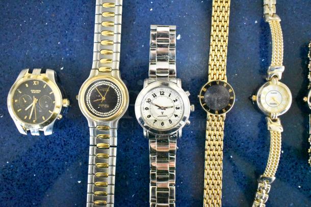 Lot of various watches and watch bands in clear poly bin. Includes Gruen, silver-tone and gold-tone styles. Mixed condition.