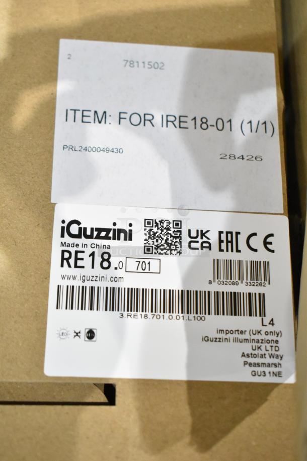 iGuzzini RE18.0 LED Light packaging with label. Features model details, barcodes, and certifications. Made in China.