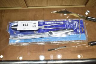 Brand new Oneida steak fork and knife set, packaged; includes tongs. Model Immaculate, quantity of 2. Auction label visible.