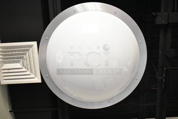 Five ceiling mount lights with round, frosted glass and silver metal trim. Buyer must remove; tools and manpower needed.