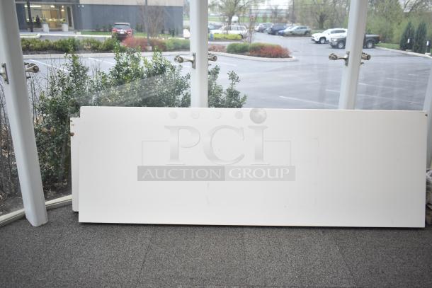 Four white panels on display, suitable for walls or partitions, in good condition. Perfect for auction, noted as "4 Panels. 4 Times Your Bid!"