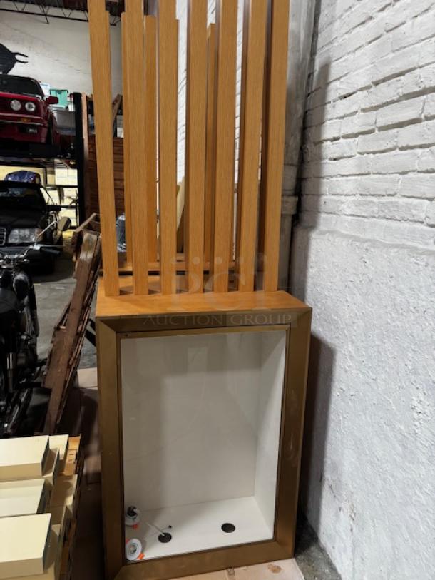 Double-sided wall pop out case, wood frame, dimensions 27.5x39.25 inches each side; pick-up in Lancaster, PA by appointment.