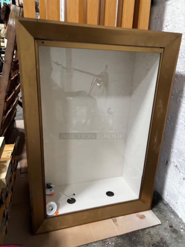 Double-sided wall pop-out case, 27.5x39.25 inches per side, gold frame, used condition, available for pick-up in Lancaster, PA.