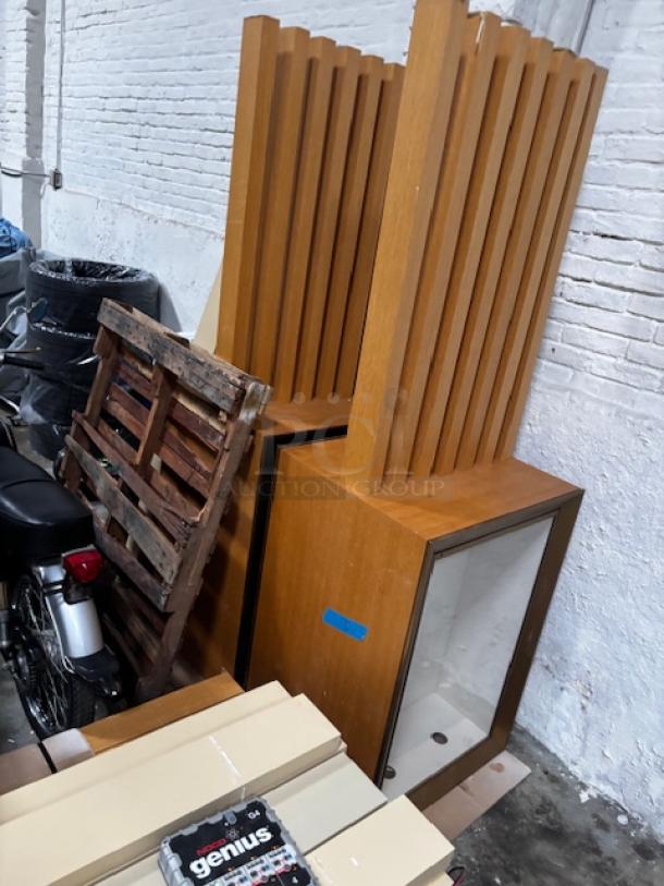 Double-sided wall pop-out display case, each side 27.5"x39.25", wooden frame, good condition, located in Lancaster, PA.