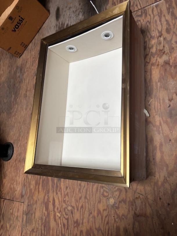 Vertical wall display case with brass frame, glass front, and two interior spotlights. In excellent condition.