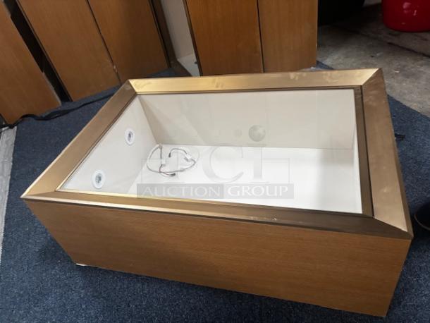 Wall Pop Out Display Case with glass top and wood frame, featuring interior lighting. Excellent condition. Pickup in Lancaster, PA.