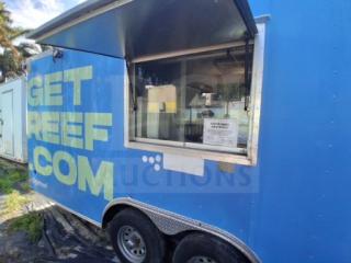 Commercial Kitchen Trailer with Large Order Window Equipped with Grease Hood, Dual Fryers, Griddle, Burner Cooktop and Complete Refrigeration Suite (F102)