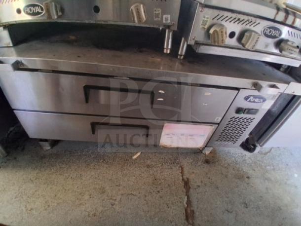 Commercial kitchen trailer with Royal brand griddle, dual fryers, grease hood, cooktop, and Atosa refrigeration.