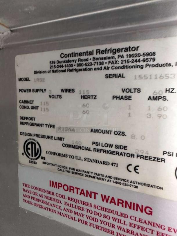 Alt text: Continental Refrigerator model 1RSE-N label, showing specs: 115V, R134A refrigerant, 60Hz, 1-phase.