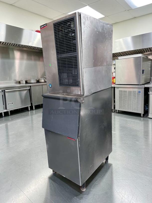 Hoshizaki KM-520MAJ commercial ice machine with storage bin, stainless steel, air-cooled, 556 lb/day capacity, fully tested.