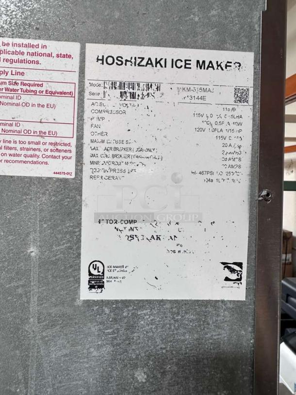 Hoshizaki KM-520MAJ commercial ice machine label showing model, serial number, and specifications. Stainless steel finish.