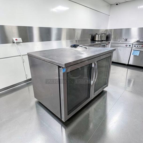 True TUC-48G-HC undercounter refrigerator, 48", stainless steel, two glass doors, excellent condition, 115V, fully tested.